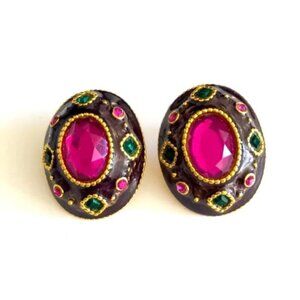 Vintage Statement Earrings Large Purple Rhinestone Oval Gold Tone